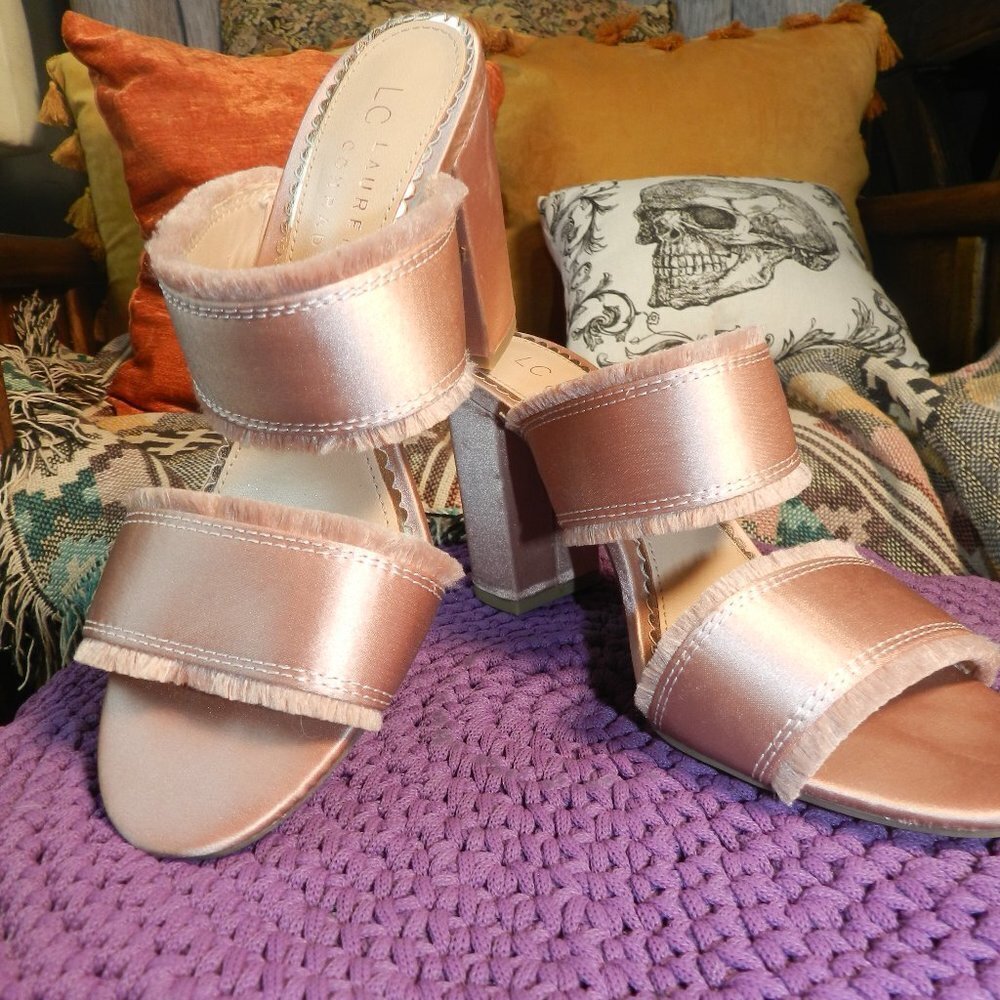 Lauren Conrad Womens Silk Pink Heeled Sandal Slip On Open Toed Shoes Size 5 1/2